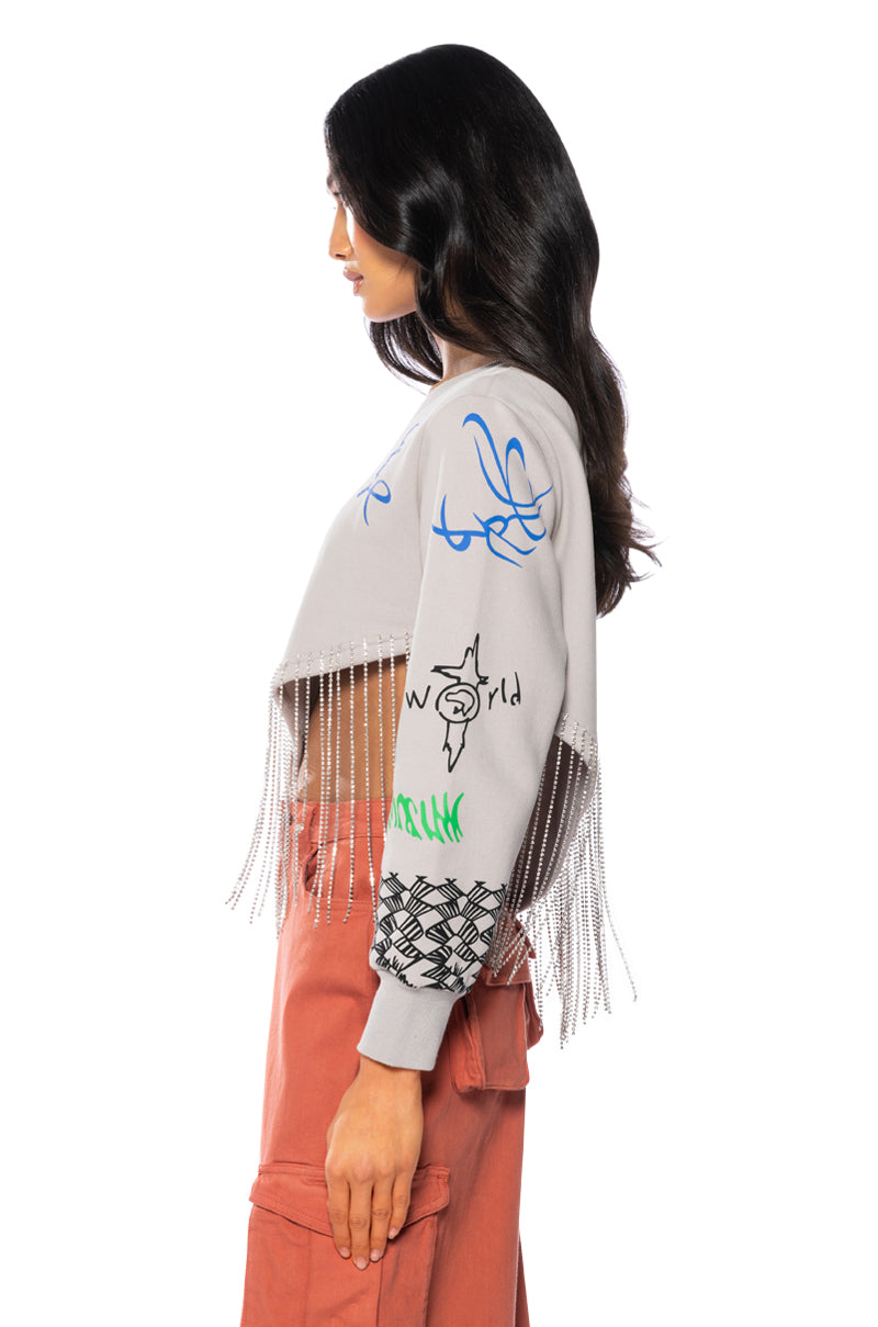 ULTRACHIC EMBELLISHED RHINESTONE FRINGE SWEATSHIRT
