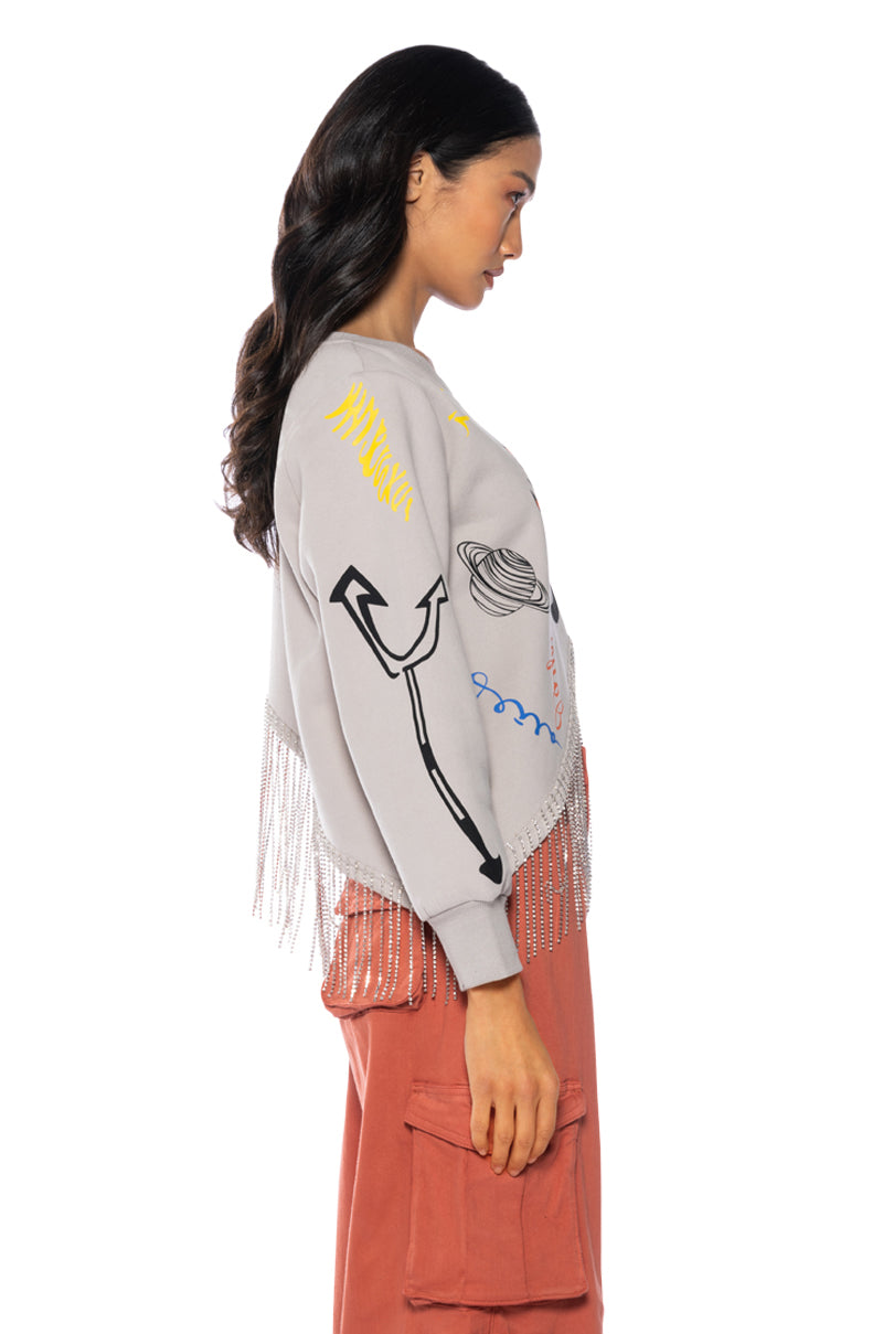 ULTRACHIC EMBELLISHED RHINESTONE FRINGE SWEATSHIRT