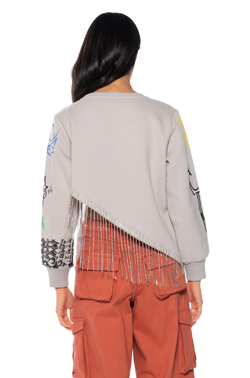 ULTRACHIC EMBELLISHED RHINESTONE FRINGE SWEATSHIRT