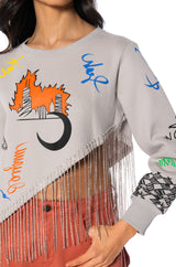 ULTRACHIC EMBELLISHED RHINESTONE FRINGE SWEATSHIRT