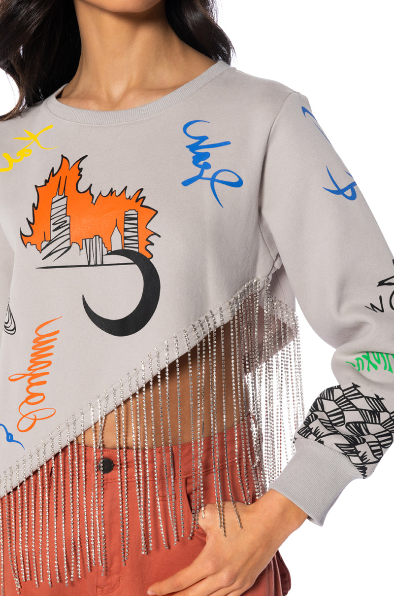 ULTRACHIC EMBELLISHED RHINESTONE FRINGE SWEATSHIRT