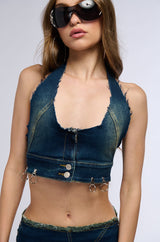 UNBOTHERED DISTRESSED DENIM HALTER TOP