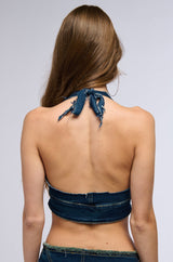 UNBOTHERED DISTRESSED DENIM HALTER TOP