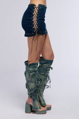 UNBOTHERED DISTRESSED DENIM MINI SKIRT