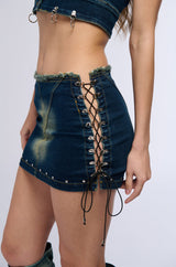 UNBOTHERED DISTRESSED DENIM MINI SKIRT