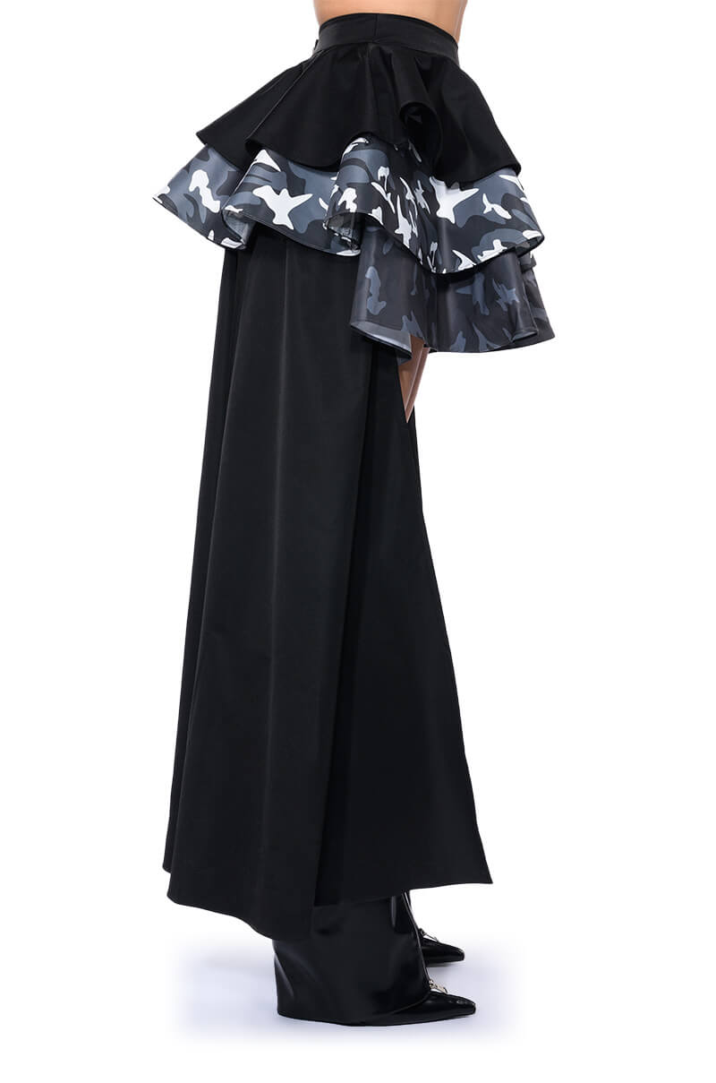 UNBOTHERED HIGH LOW HEM RUFFLE MAXI SKIRT