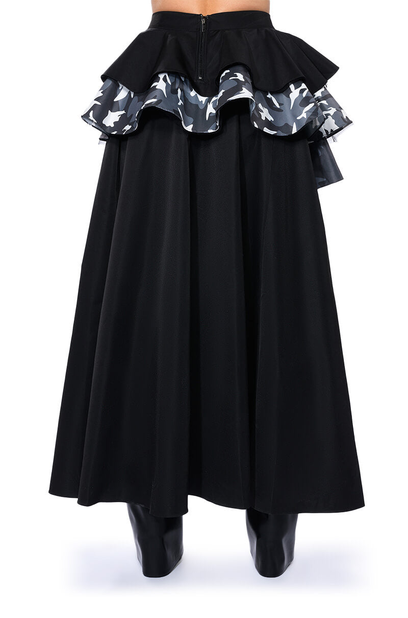 UNBOTHERED HIGH LOW HEM RUFFLE MAXI SKIRT