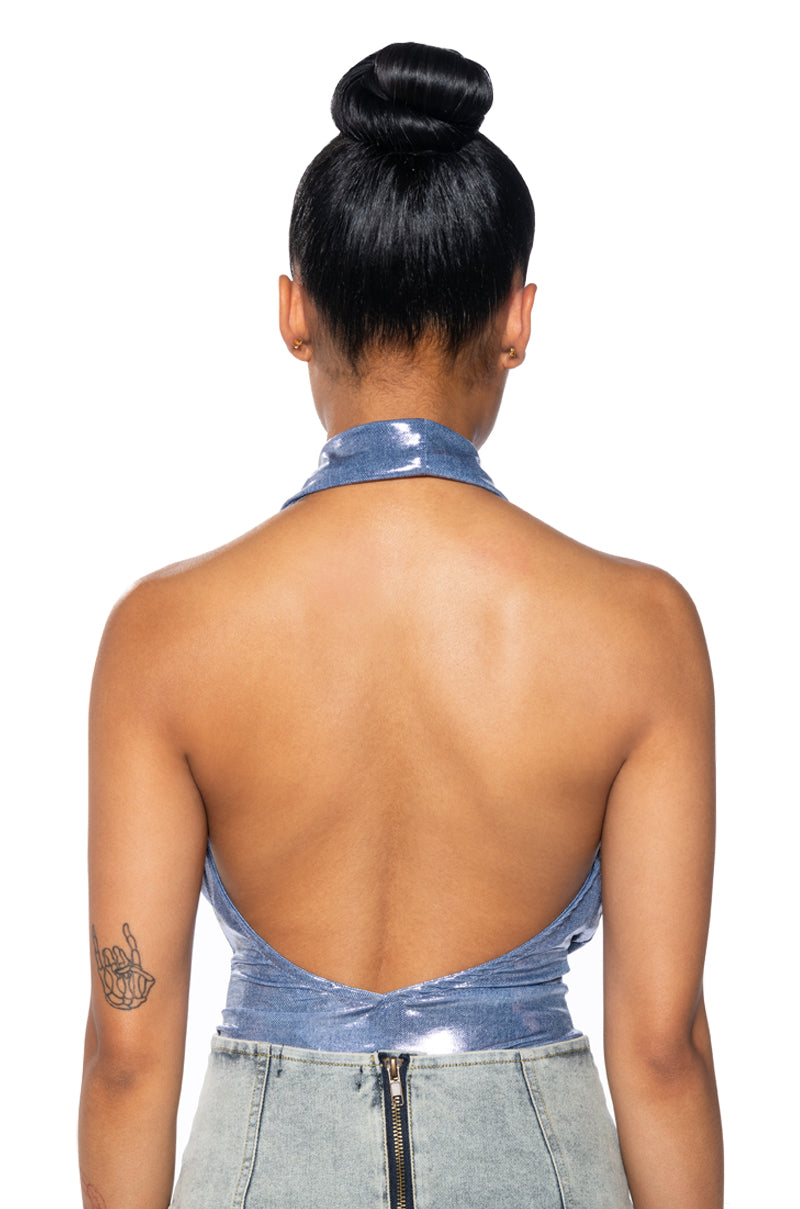 UNDER THE LIGHTS COWL NECK METALLIC BODYSUIT