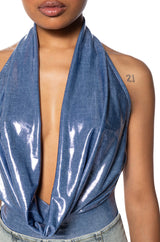 UNDER THE LIGHTS COWL NECK METALLIC BODYSUIT