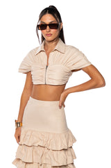 UNDER THE SUN BUTTON UP FLOUNCE CROP TOP