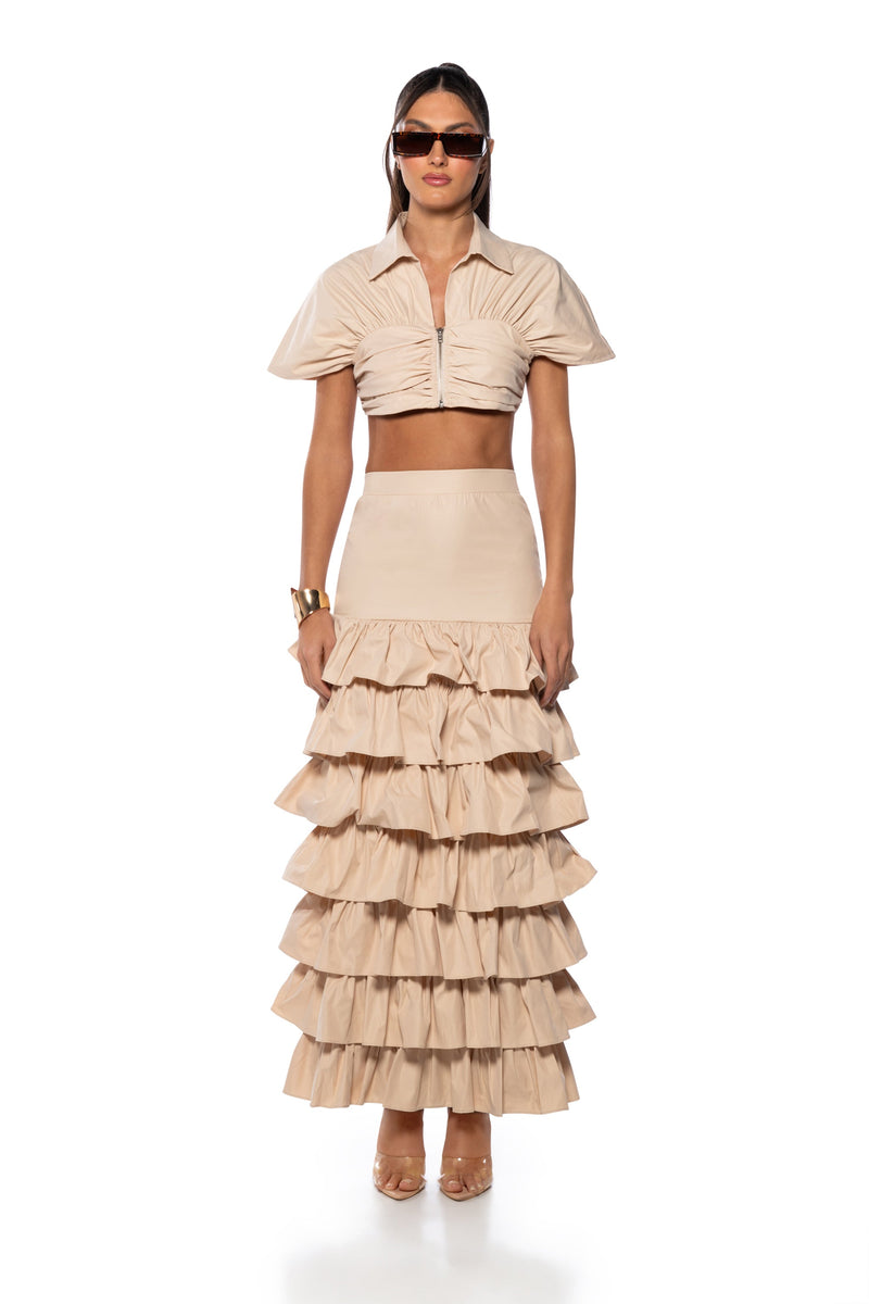 UNDER THE SUN BUTTON UP FLOUNCE CROP TOP