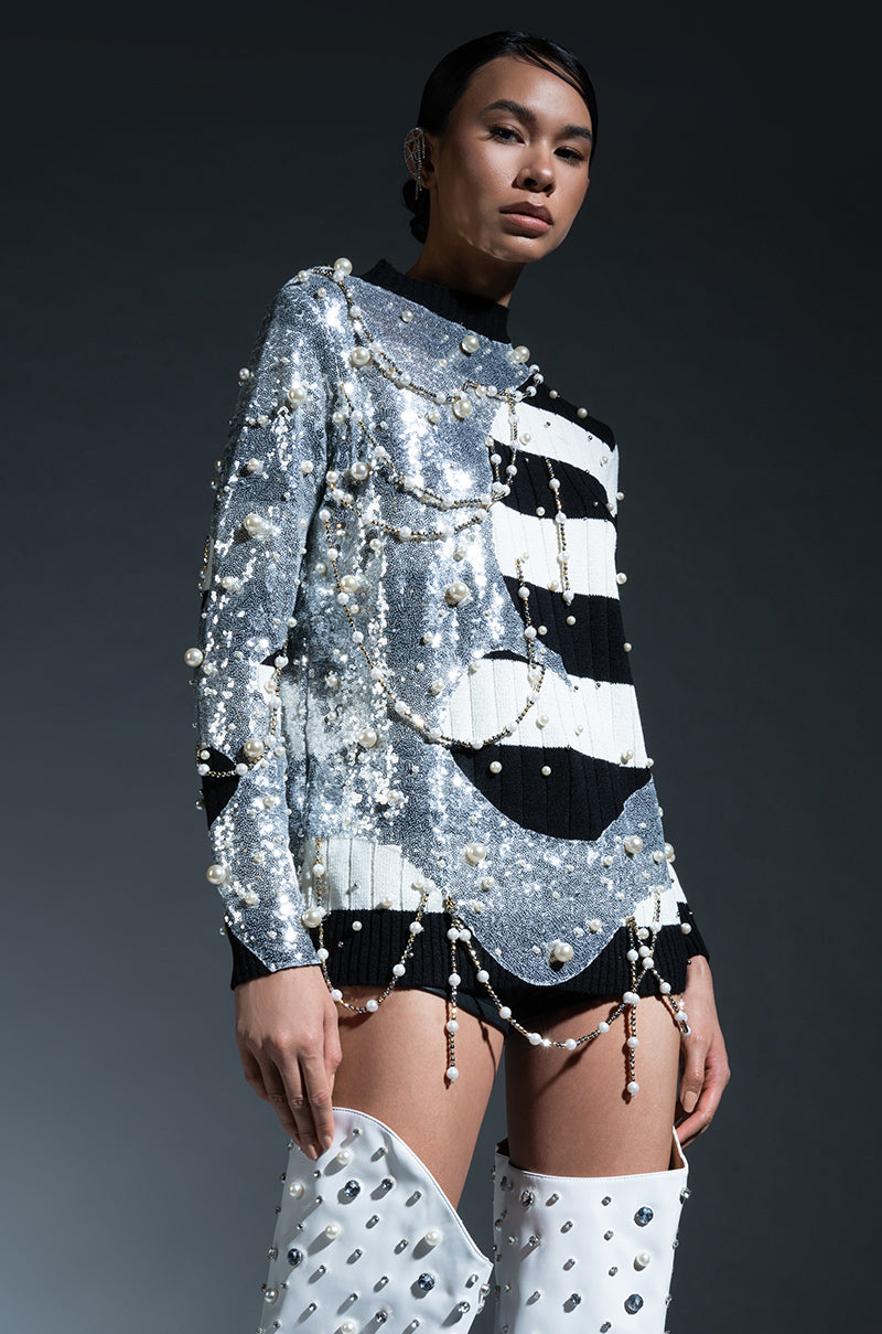 UNLIKE THE OTHERS PEARL AND SEQUINS DETAILED LONG SLEEVE SWEATER