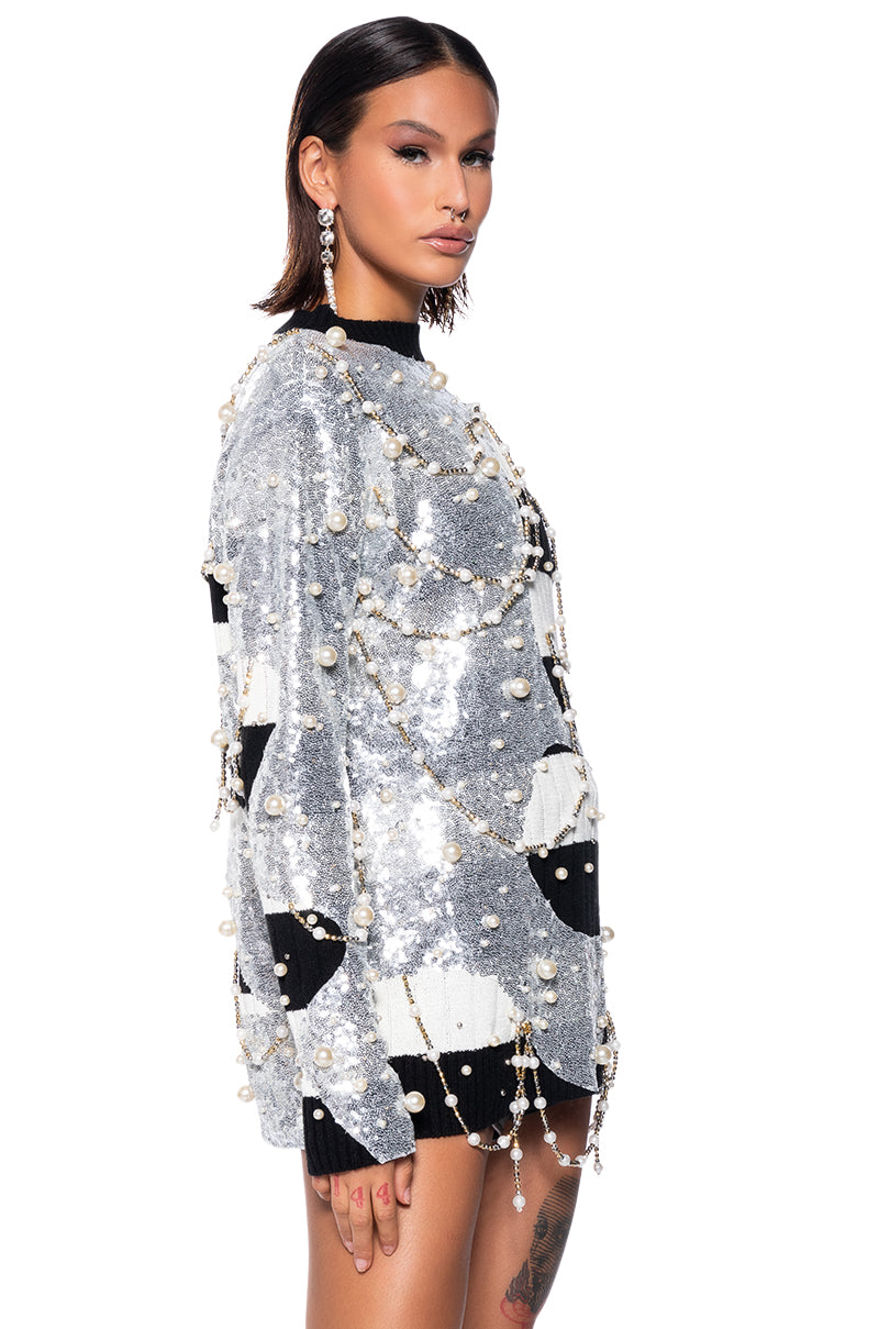 UNLIKE THE OTHERS PEARL AND SEQUINS DETAILED LONG SLEEVE SWEATER