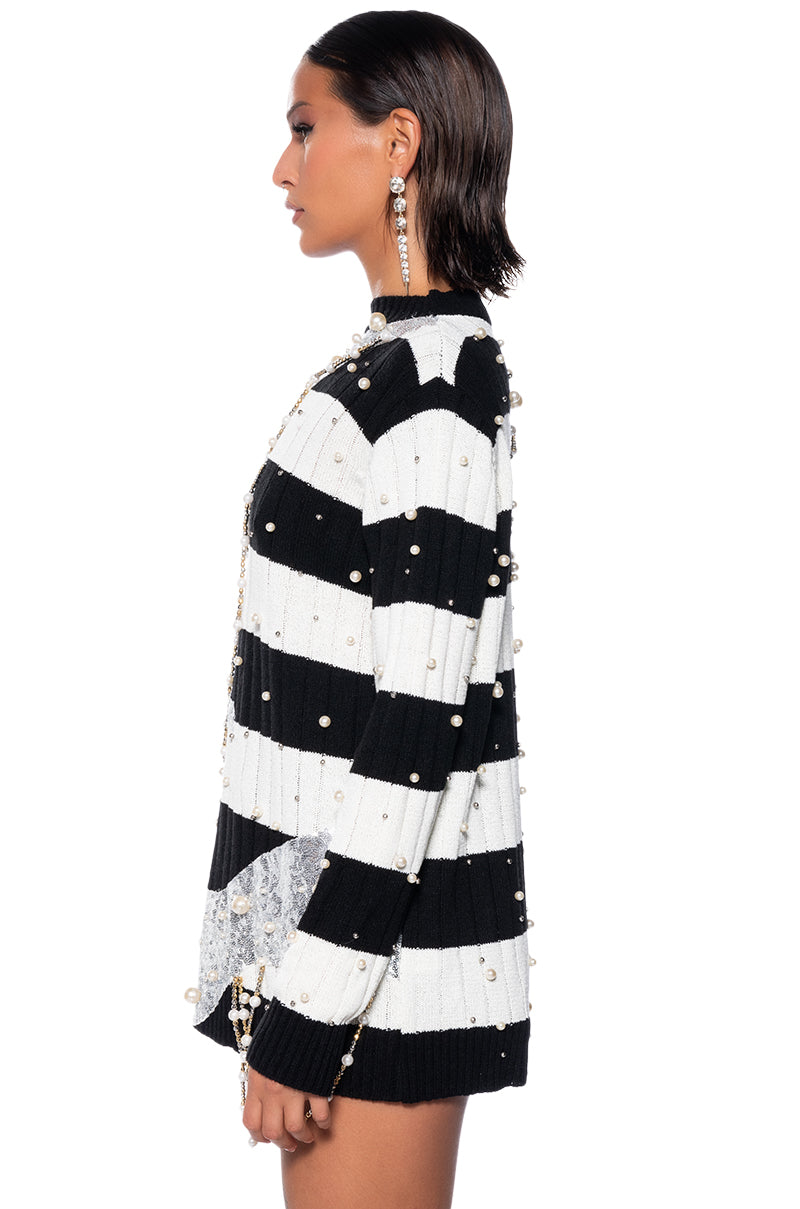 UNLIKE THE OTHERS PEARL AND SEQUINS DETAILED LONG SLEEVE SWEATER