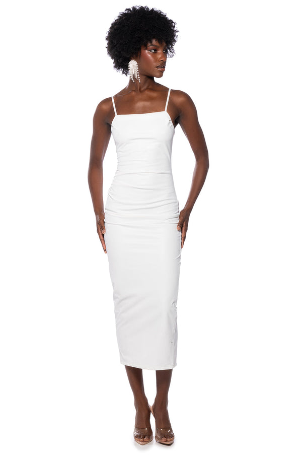 UP TO NO GOOD SLEEVELESS FAUX LEATHER MIDI DRESS