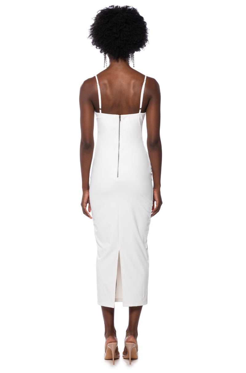 UP TO NO GOOD SLEEVELESS FAUX LEATHER MIDI DRESS