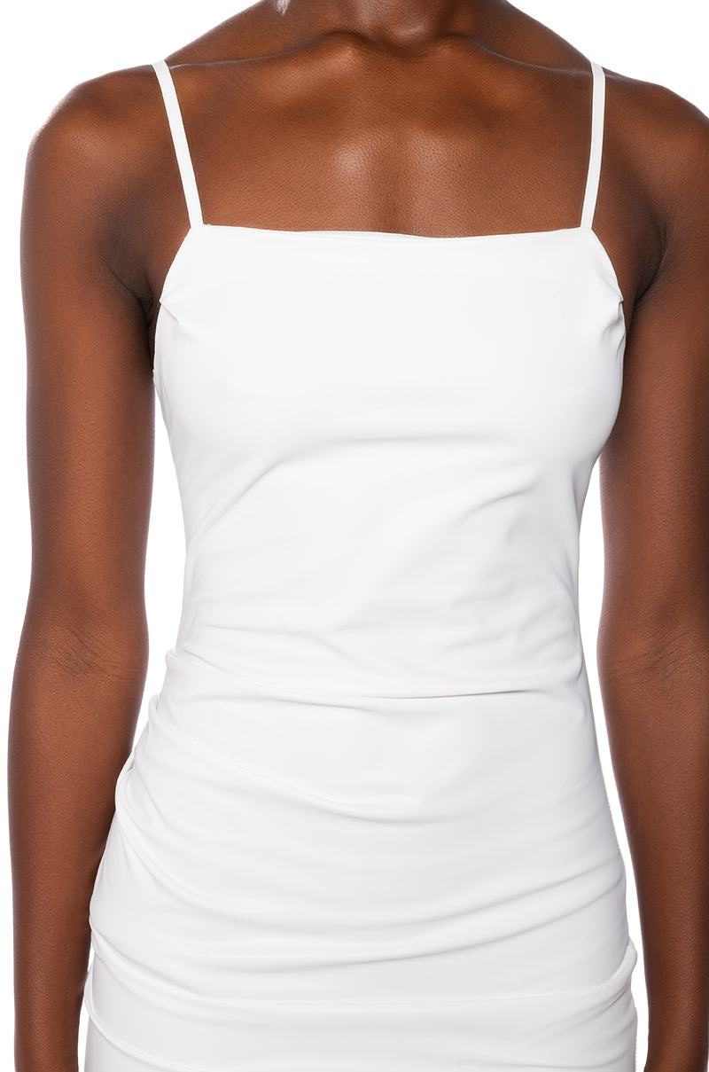 UP TO NO GOOD SLEEVELESS FAUX LEATHER MIDI DRESS