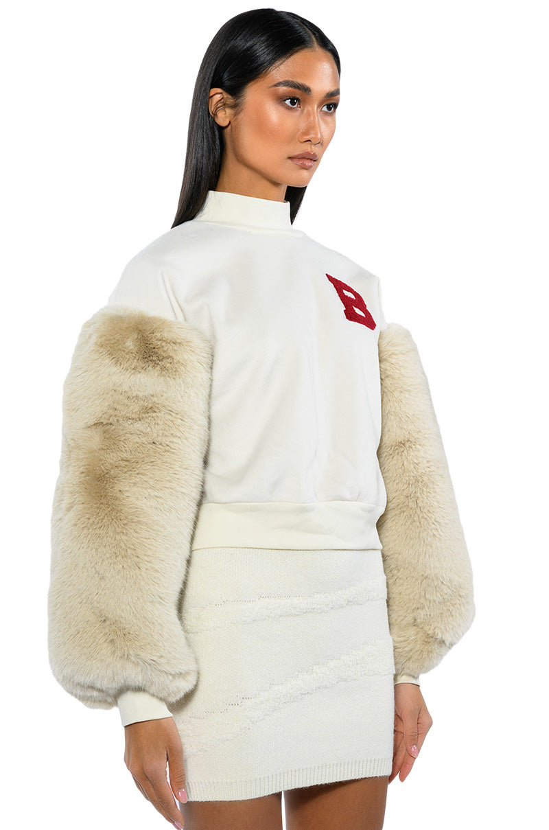 UPPER EAST SIDE FAUX FUR SLEEVE SWEATSHIRT