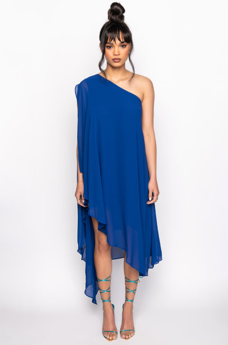 VACAY MODE ON ONE SLEEVE MIDI DRESS