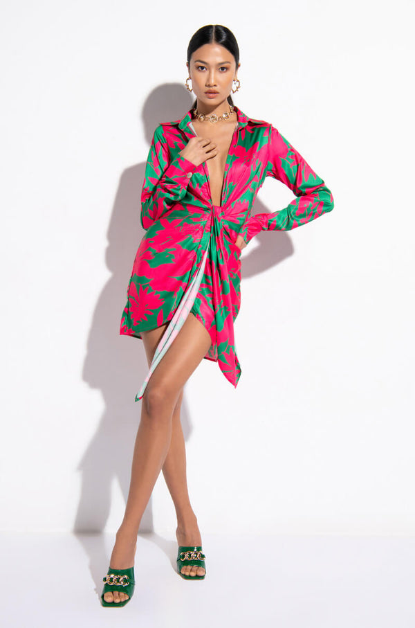 VACAY VIBES PRINTED SATIN SHIRT DRESS