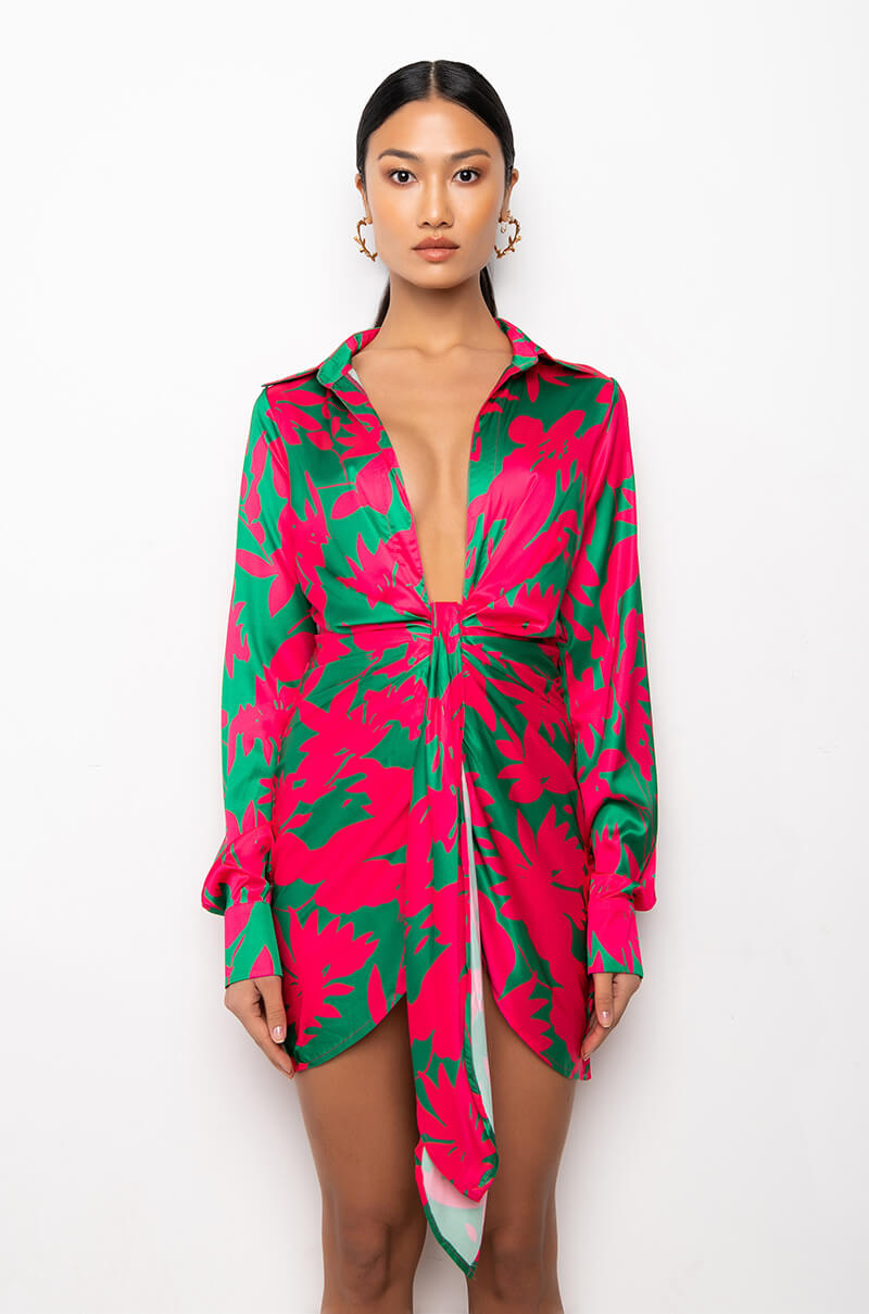 VACAY VIBES PRINTED SATIN SHIRT DRESS