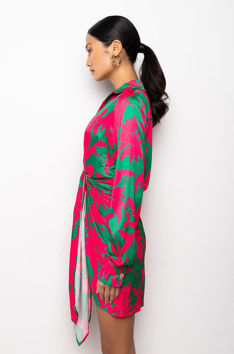 VACAY VIBES PRINTED SATIN SHIRT DRESS