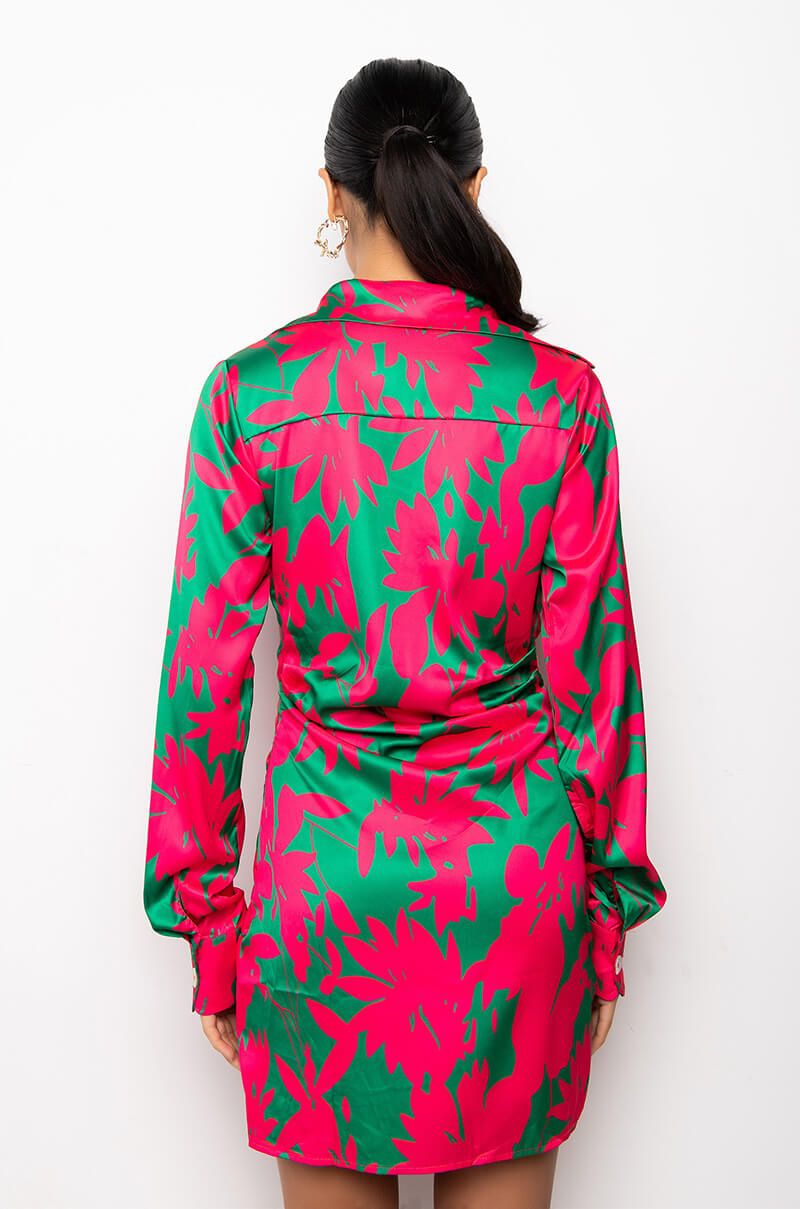 VACAY VIBES PRINTED SATIN SHIRT DRESS
