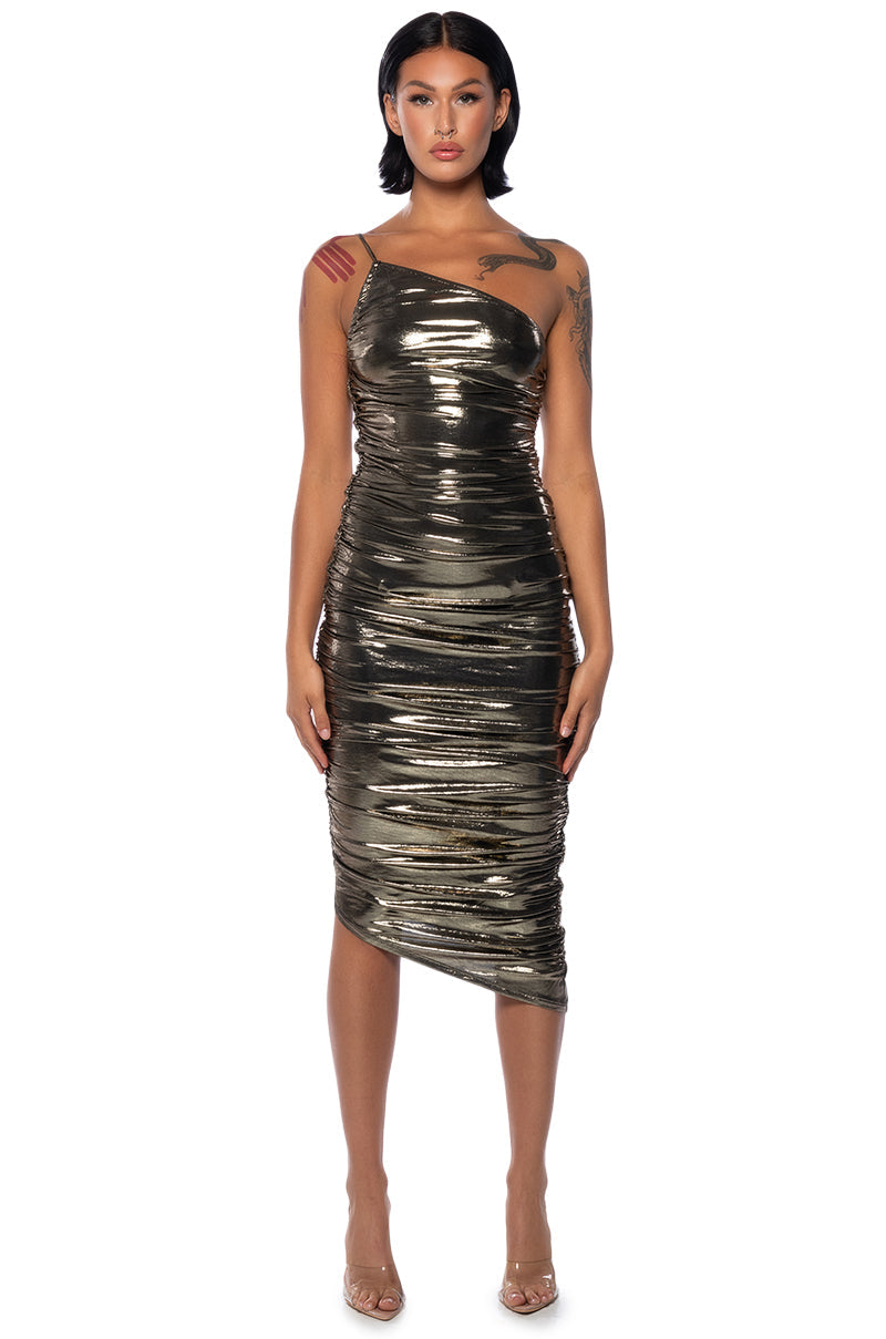 VALERIE RUCHED METALLIC MIDI DRESS