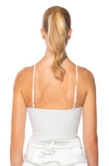 VIBING HOLOGRAPHIC FAUX LEATHER BODYSUIT IN WHITE