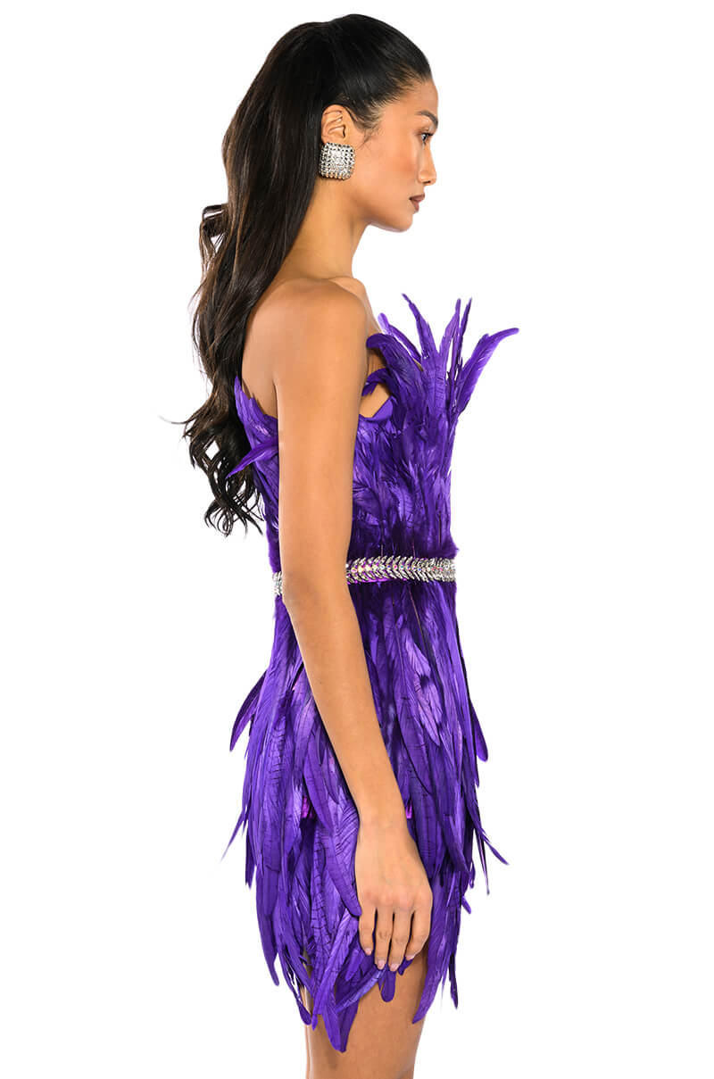 VIBRANT ALL OVER FEATHER STRAPLESS MINI DRESS