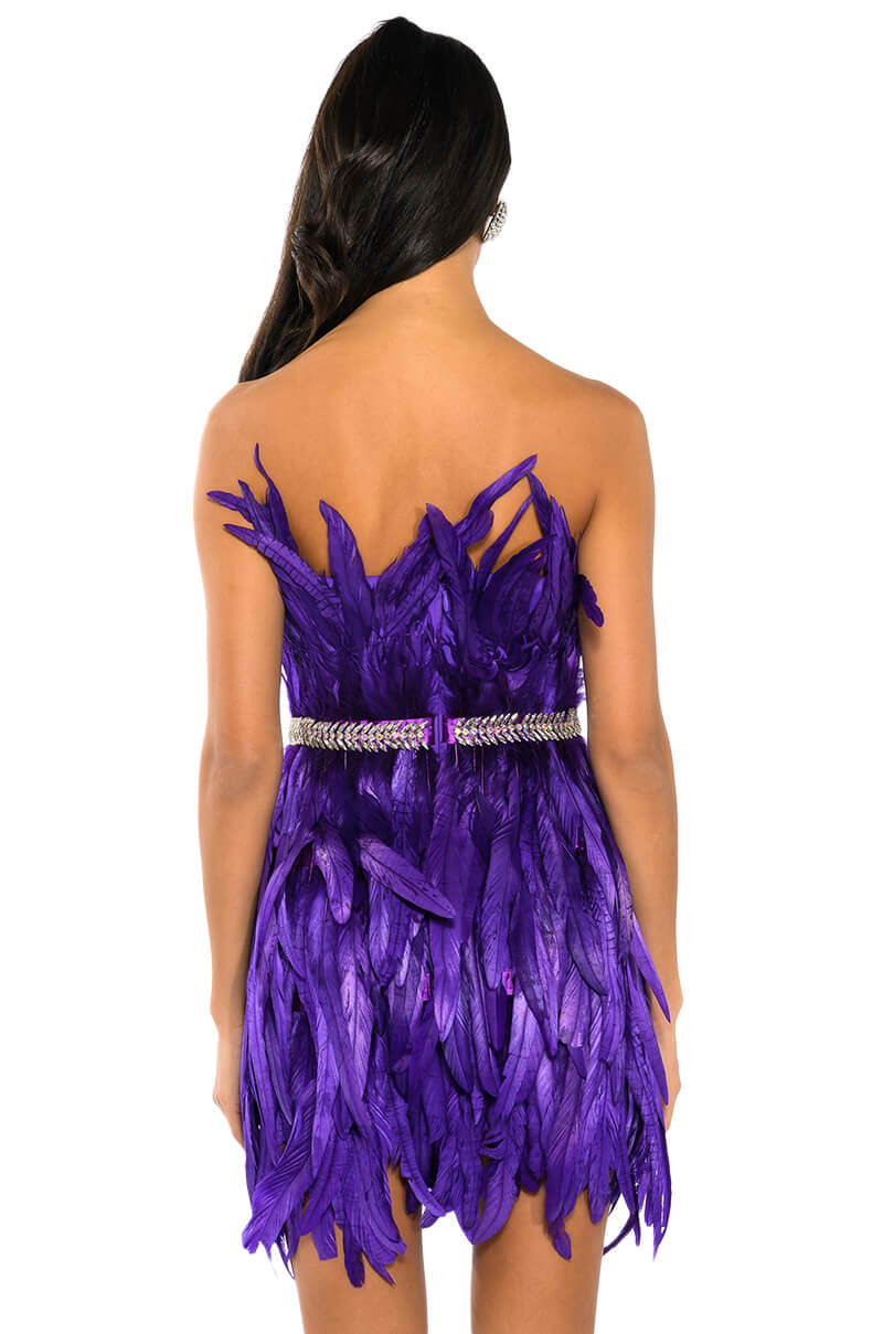 VIBRANT ALL OVER FEATHER STRAPLESS MINI DRESS