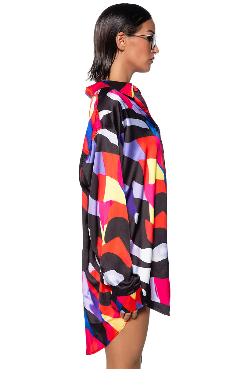 VIBRANT MOOD PRINTED SATIN BUTTON DOWN BLOUSE