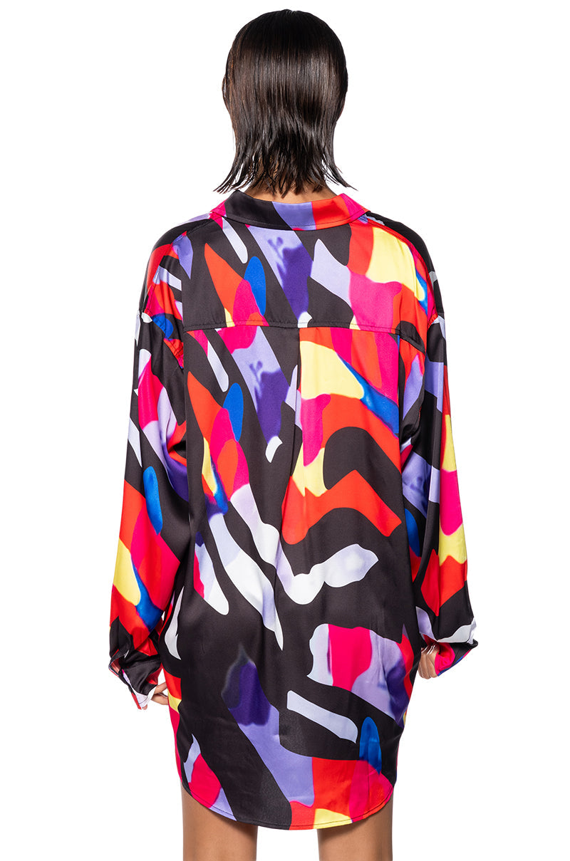 VIBRANT MOOD PRINTED SATIN BUTTON DOWN BLOUSE