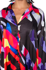 VIBRANT MOOD PRINTED SATIN BUTTON DOWN BLOUSE