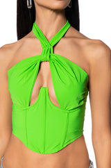 VIOLET GIRL CUT OUT HALTER CORSET TOP IN GREEN