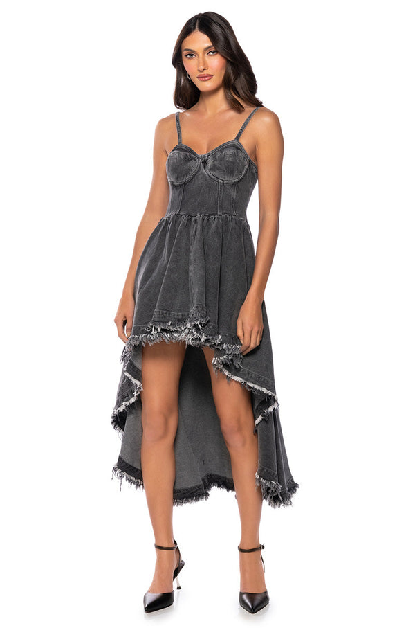 VIOLET HIGH LOW HEM DENIM HALTER NECK DRESS