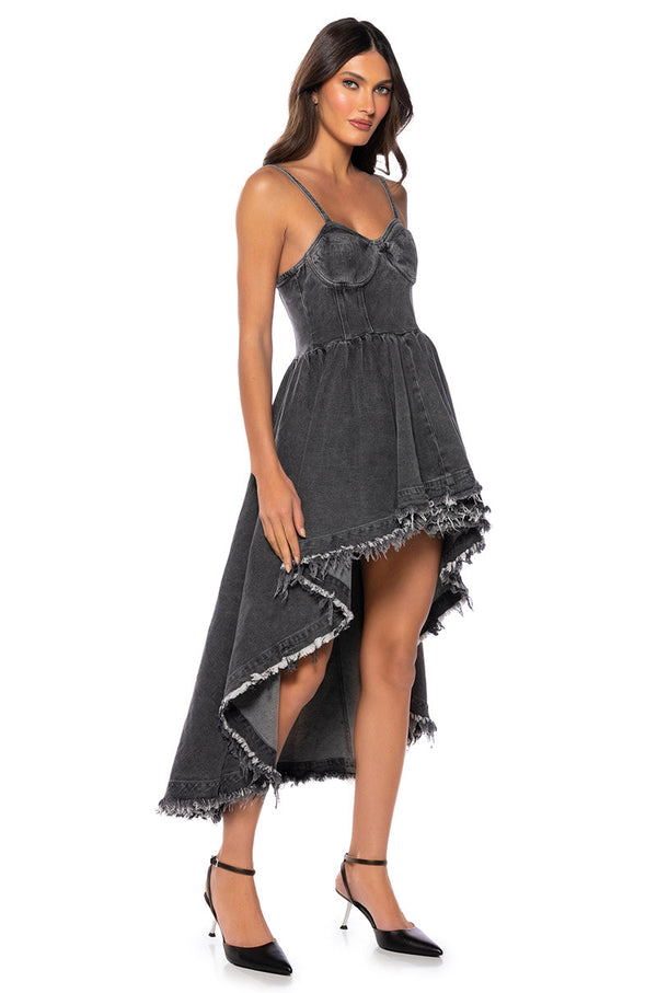 VIOLET HIGH LOW HEM DENIM HALTER NECK DRESS
