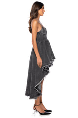 VIOLET HIGH LOW HEM DENIM HALTER NECK DRESS