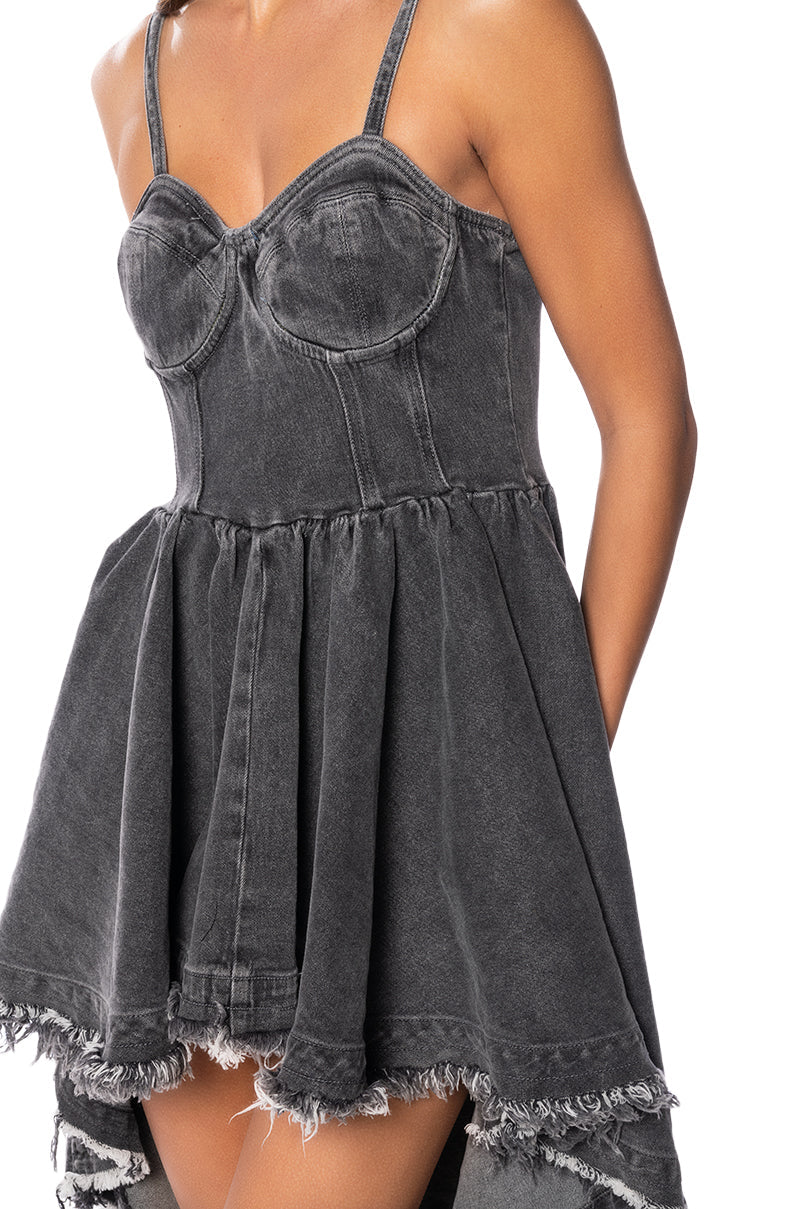 VIOLET HIGH LOW HEM DENIM HALTER NECK DRESS