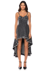 VIOLET HIGH LOW HEM DENIM HALTER NECK DRESS