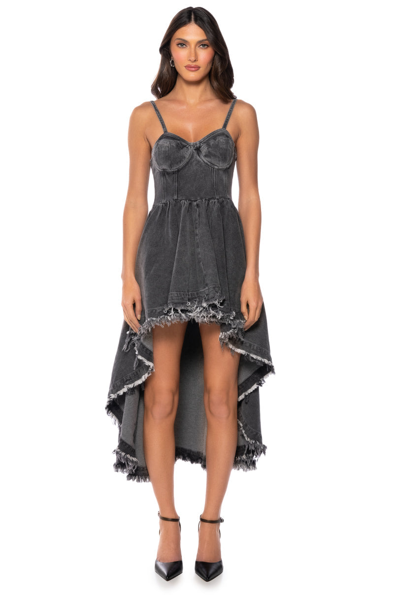 VIOLET HIGH LOW HEM DENIM HALTER NECK DRESS