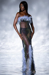 VIOLETTE RHINESTONE MESH FEATHER COLUMN DRESS
