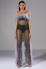 VIOLETTE RHINESTONE MESH FEATHER COLUMN DRESS