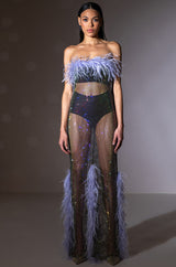 VIOLETTE RHINESTONE MESH FEATHER COLUMN DRESS