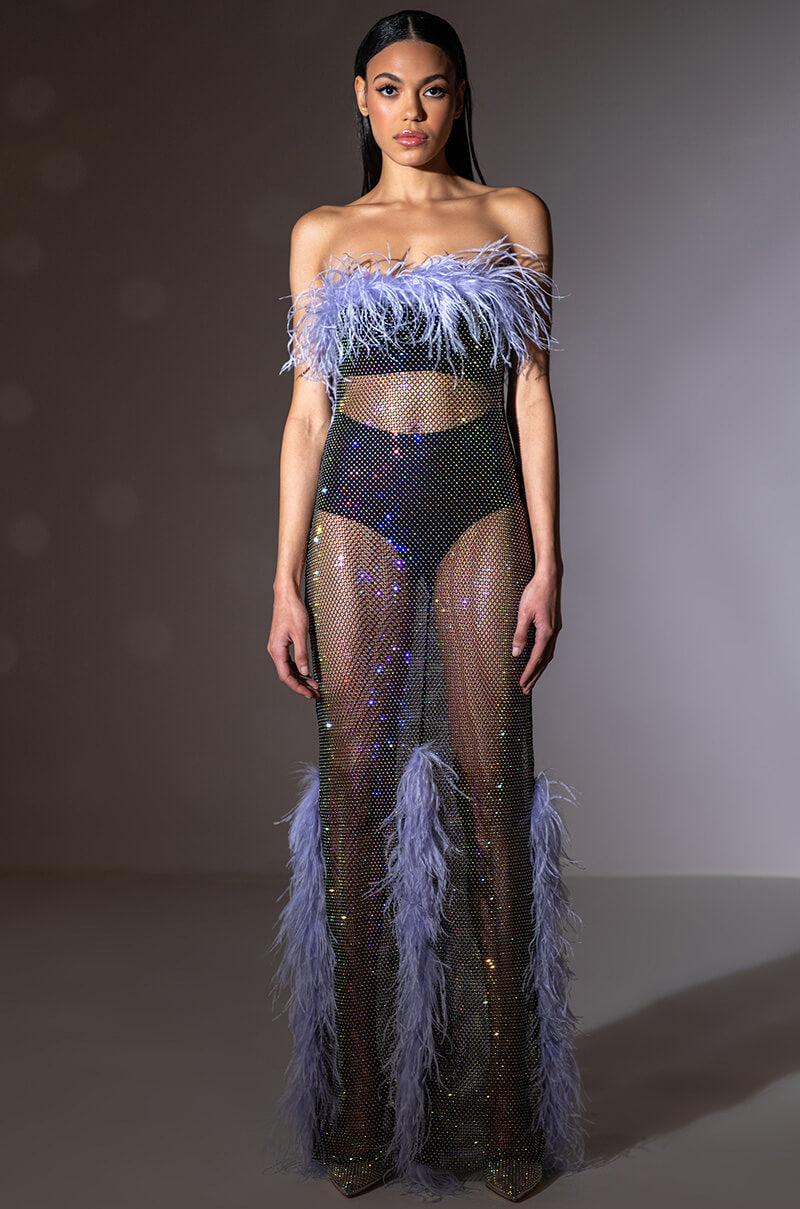VIOLETTE RHINESTONE MESH FEATHER COLUMN DRESS