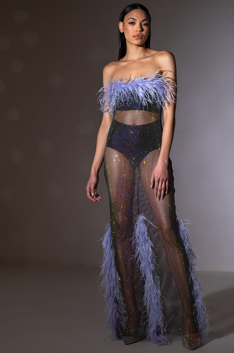 VIOLETTE RHINESTONE MESH FEATHER COLUMN DRESS