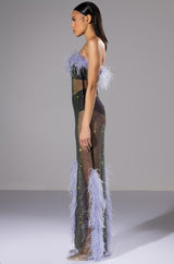 VIOLETTE RHINESTONE MESH FEATHER COLUMN DRESS