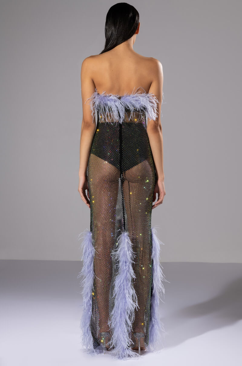 VIOLETTE RHINESTONE MESH FEATHER COLUMN DRESS