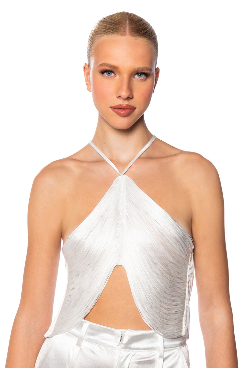 VIVIANNE FRINGE DETAIL CROP TOP IN WHITE
