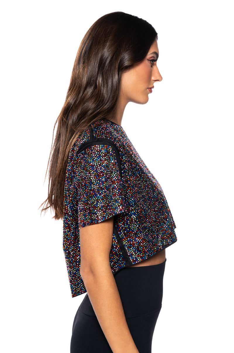 WONDERLUST RHINESTONE EMBELLISHED OPEN BACK T-SHIRT